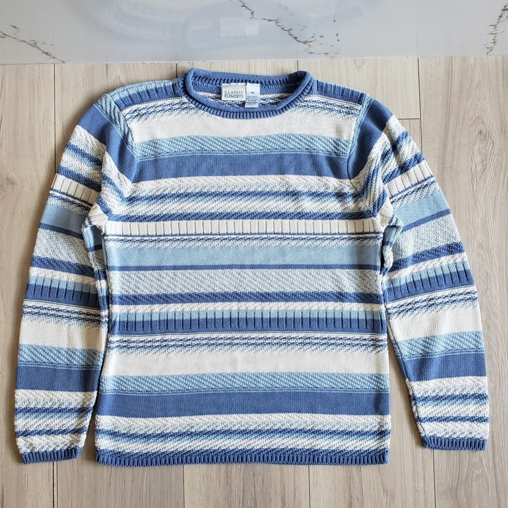 Classic Elements Sweater Womens M Blue Stripes Vintage Cable Knit‎ Made in USA